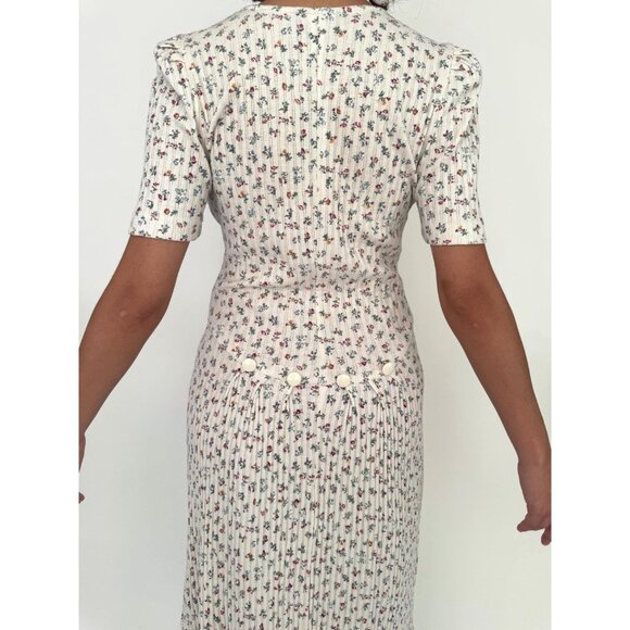 80s vintage floral print coquette prairie fitted ribbed cotton long midi dress - Picture 5 of 8